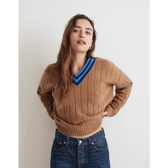 NEW Madewell Tipped Forrest V-Neck Sweater Heather Caramel Women's Size Small - Picture 2 of 8